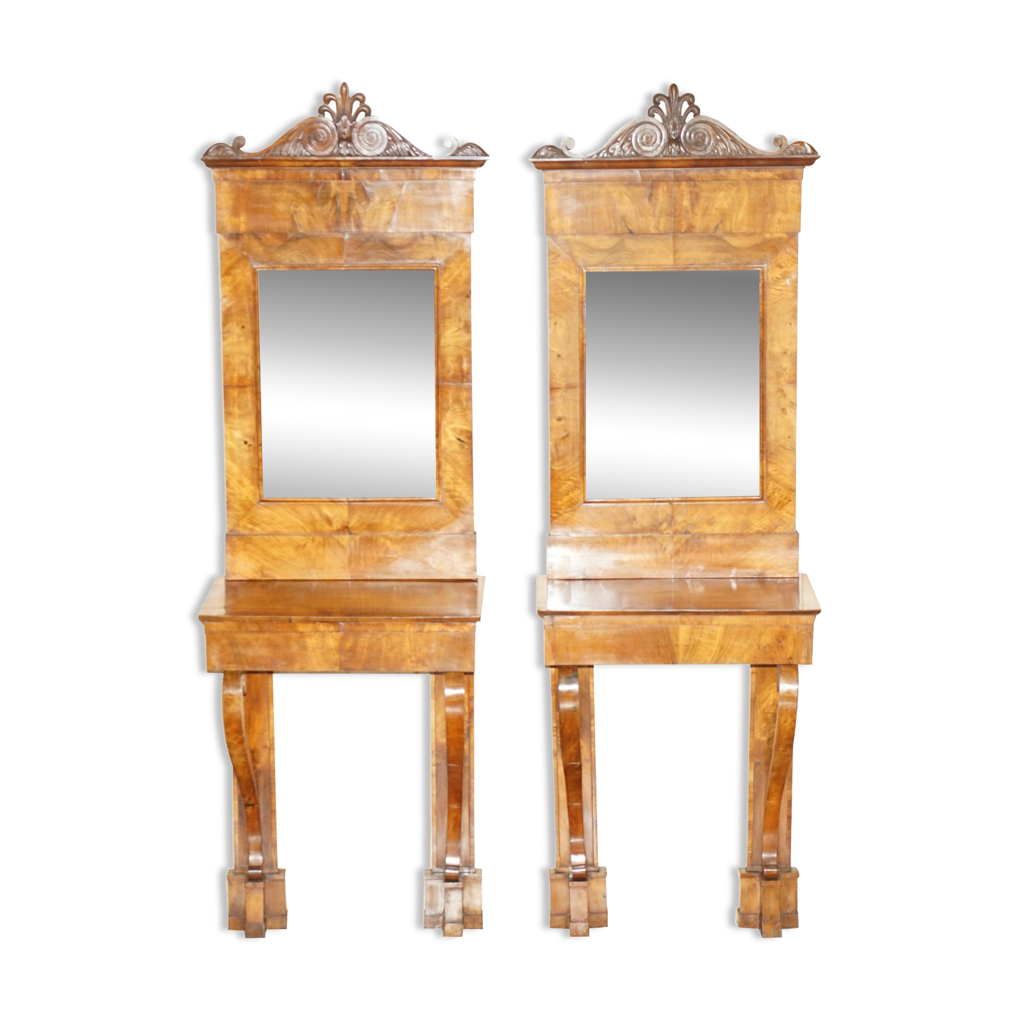 Pair of restored antique consoles from around 1815 in walnut, Regency style with mirror.