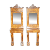 Paire de consoles antiques restaurées vers 1815 en noyer style Regency avec miroir