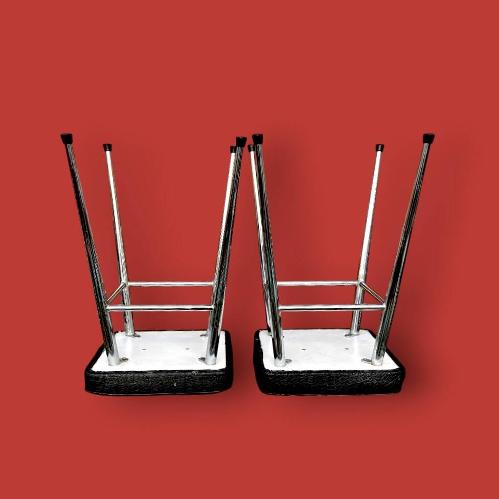 Pair of vintage stools in black faux leather and chrome steel – 1960s-1970s