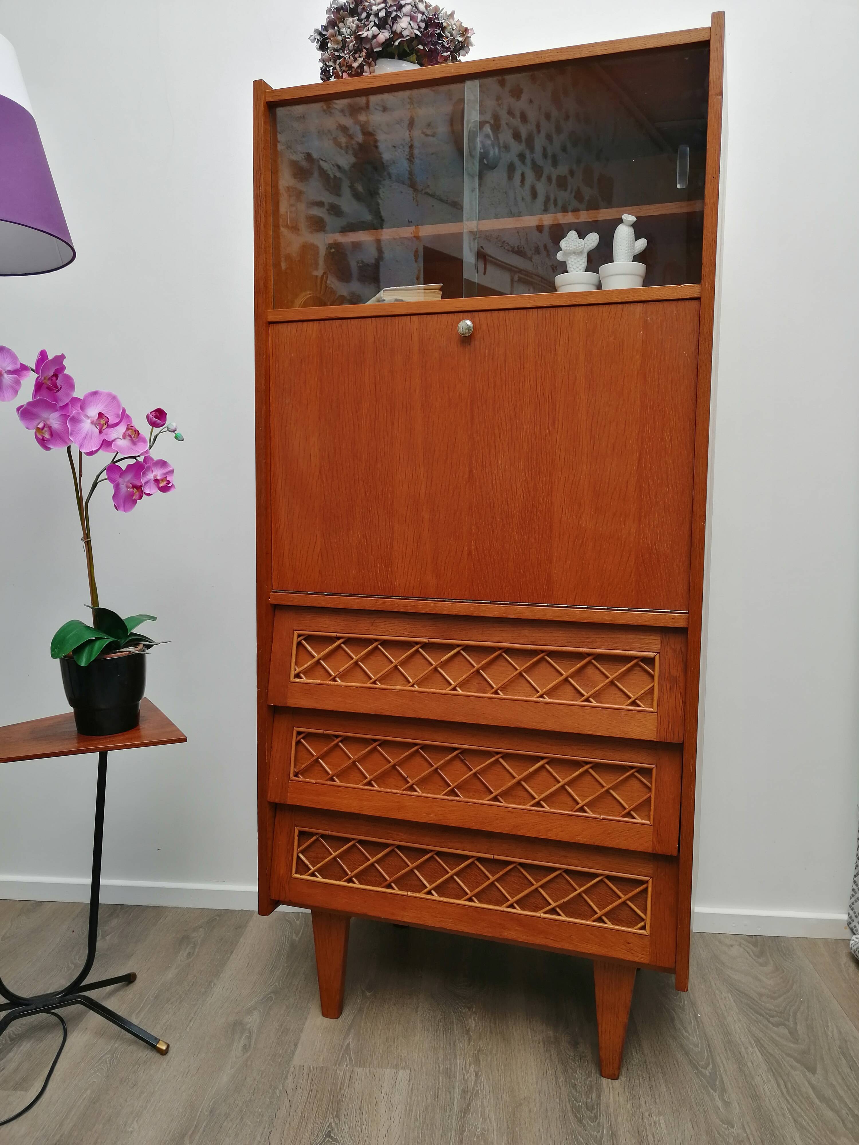 Oak and rattan secretary
