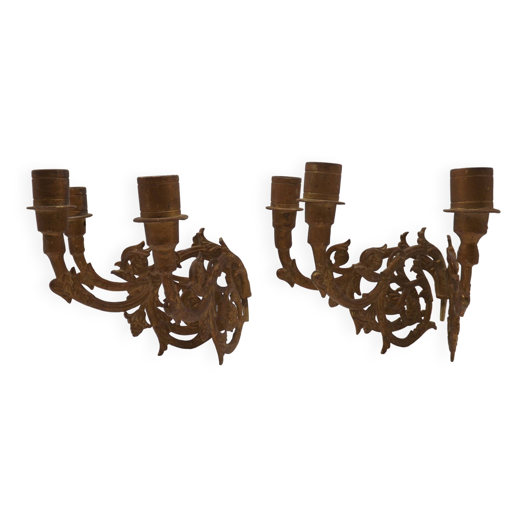 Stunning Pair of Large Antique 3-Arm Gilt Bronze Piano Sconce Candle Holders 4916