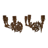 Stunning Pair of Large Antique 3-Arm Gilt Bronze Piano Sconce Candle Holders 4916