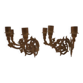 Stunning Pair of Large Antique 3-Arm Gilt Bronze Piano Sconce Candle Holders 4916