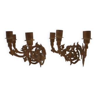 Stunning Pair Large Antique 3 Arm Gilt Bronze Piano Sconce Candle Holders 4916