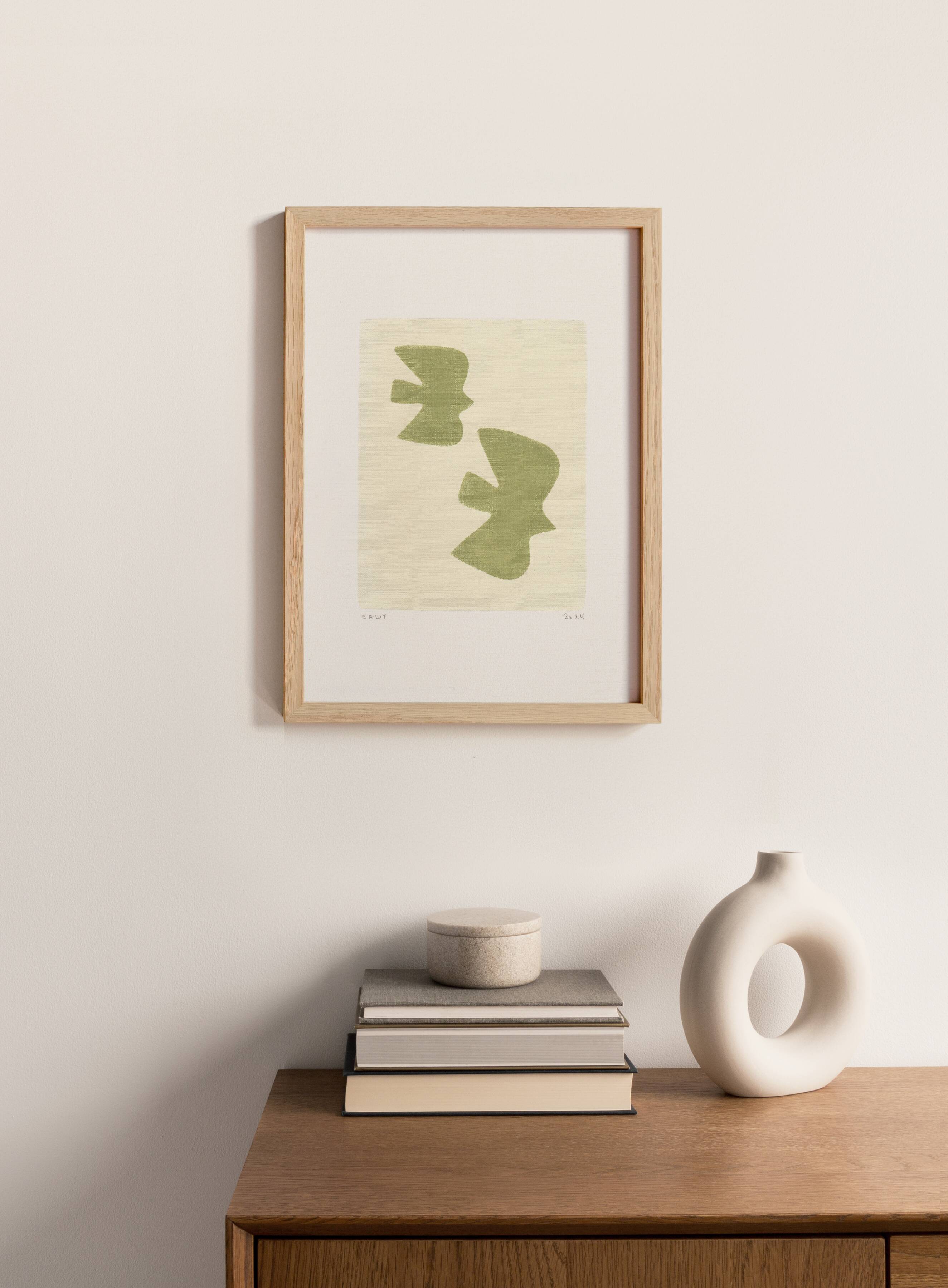 Painting on paper - Birds - Sage green - Signed EAwy