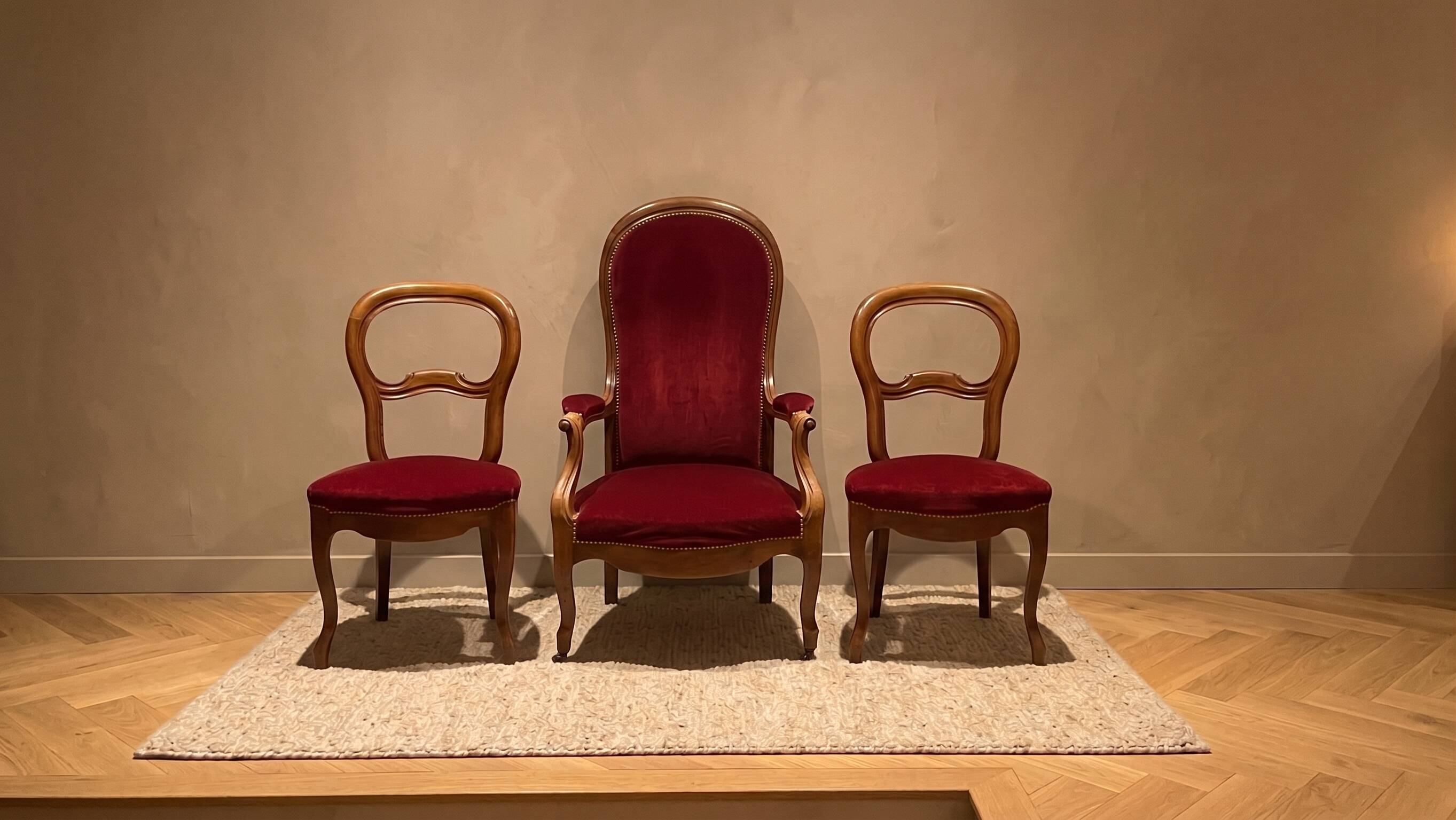 Voltaire armchair and 2 chairs