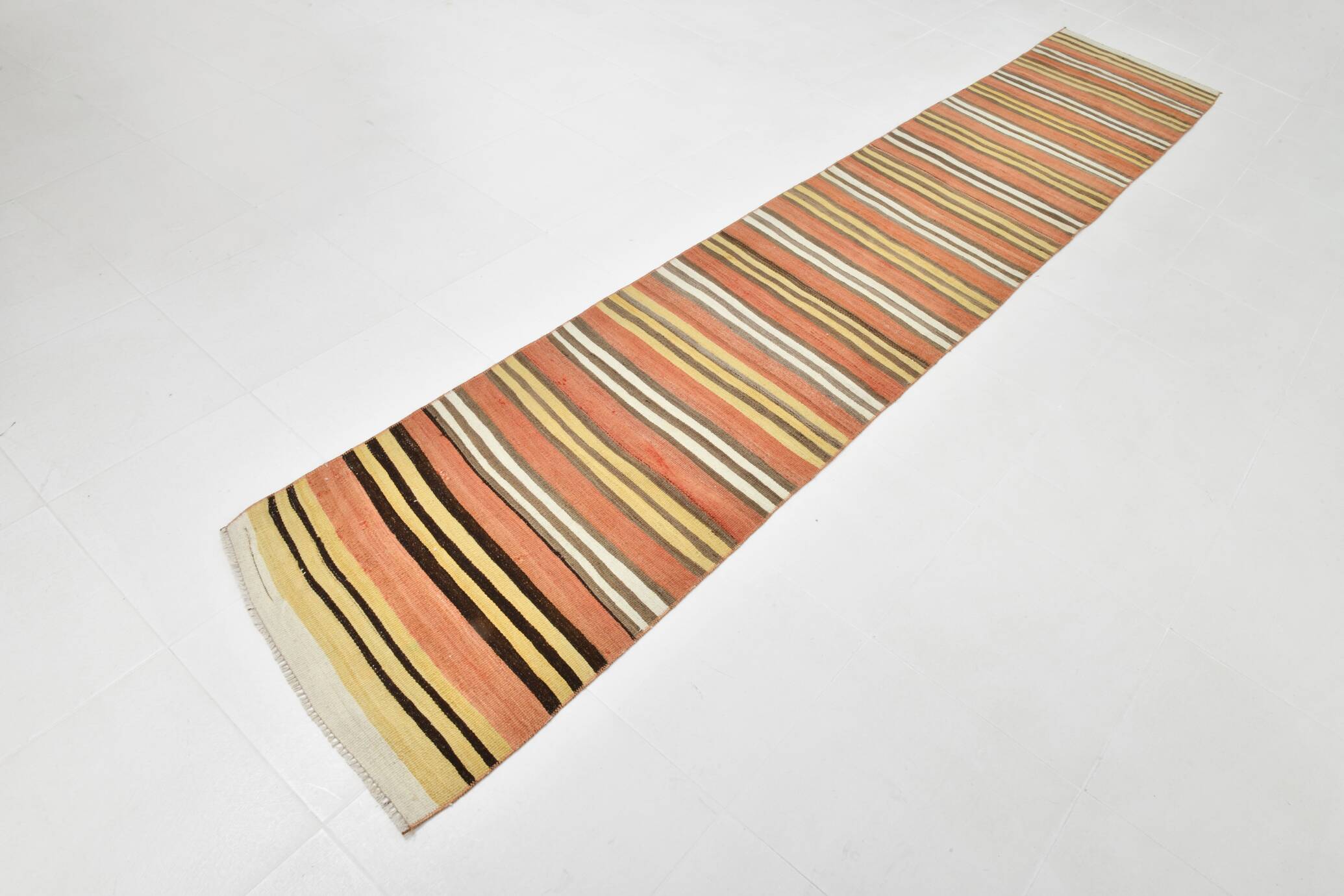 Tapis Kilim Vintage Rayé, Long Format aux Tons Chauds Boho, 65x366