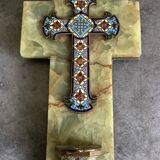 Wall cross with a holy water font in enamel and onyx, 19th century.