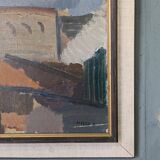 Mid-Century Modern Swedish "City Blocks" Vintage Abstract Oil Painting, Framed