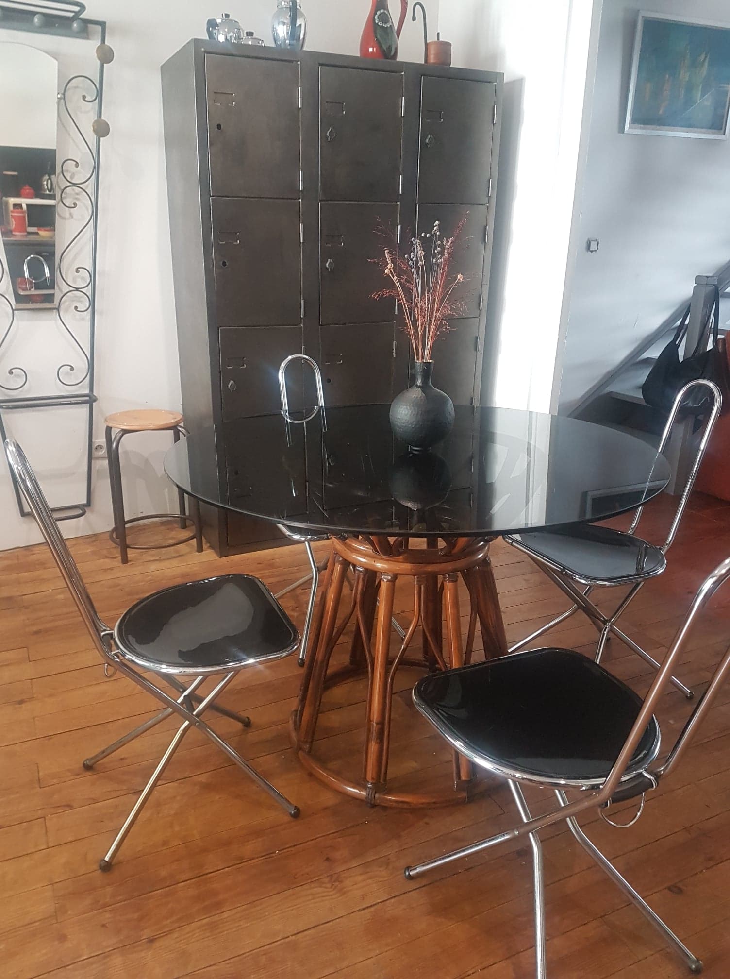 Rattan dining table and smoked glass