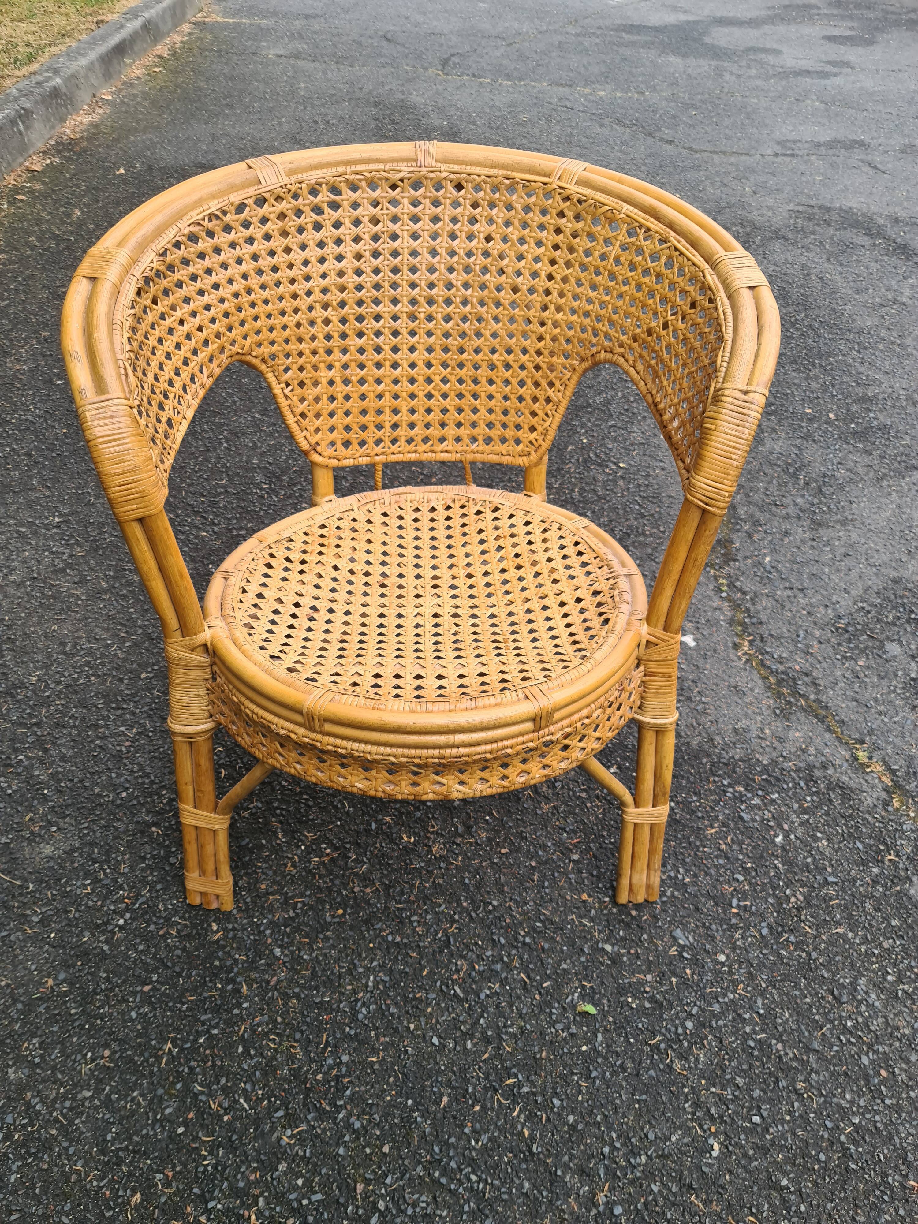 Fauteuil Enfant Vintage En Rotin Et Bambou - Coquille Beige 48cm