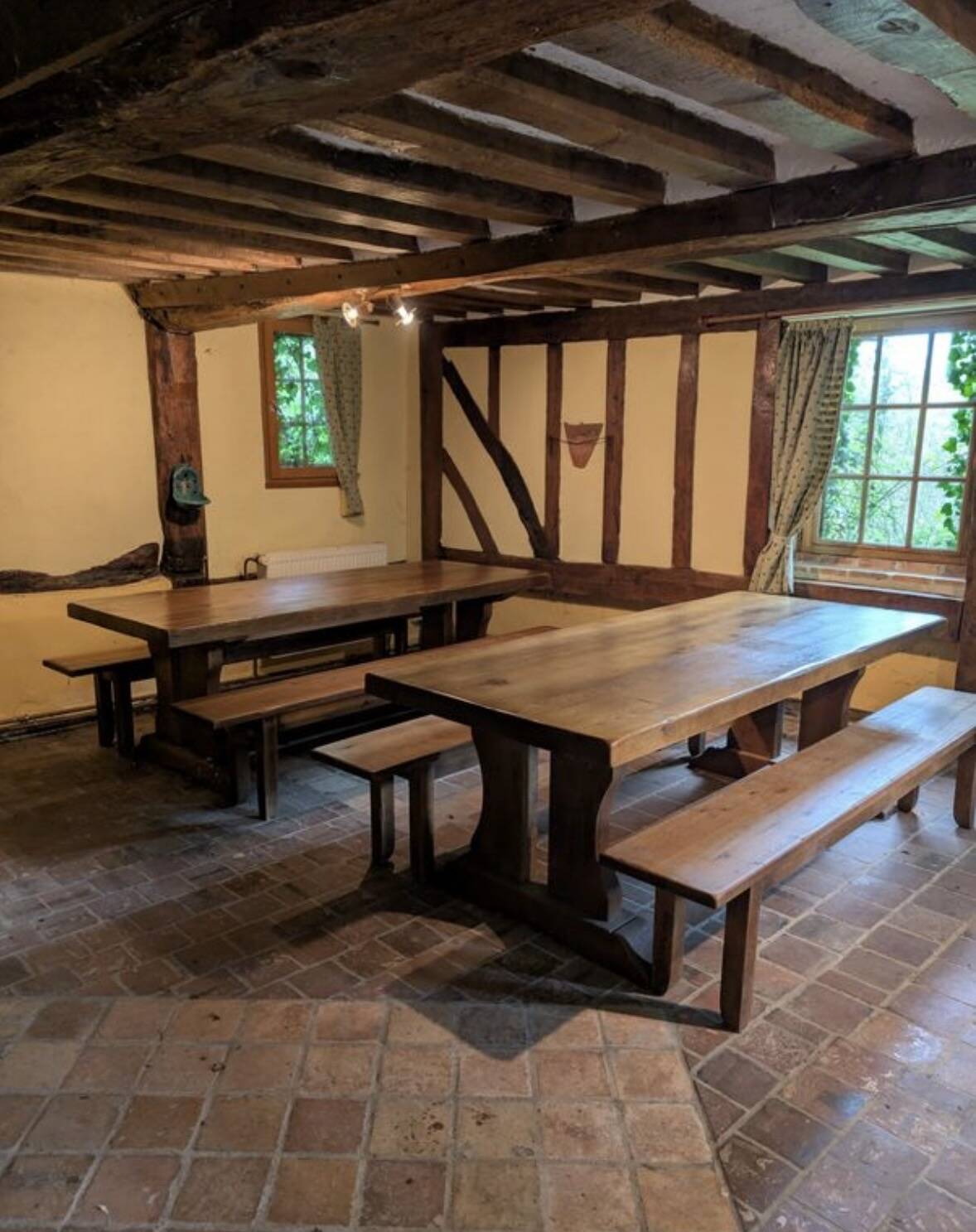 Set of 3 monastery tables in solid oak 220 cm with 6 matching benches.