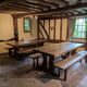 Set of 3 monastery tables in solid oak 220 cm with 6 matching benches.