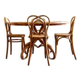 Thonet table no. 3 and 4 bent beech chairs with caning, circa 1890.
