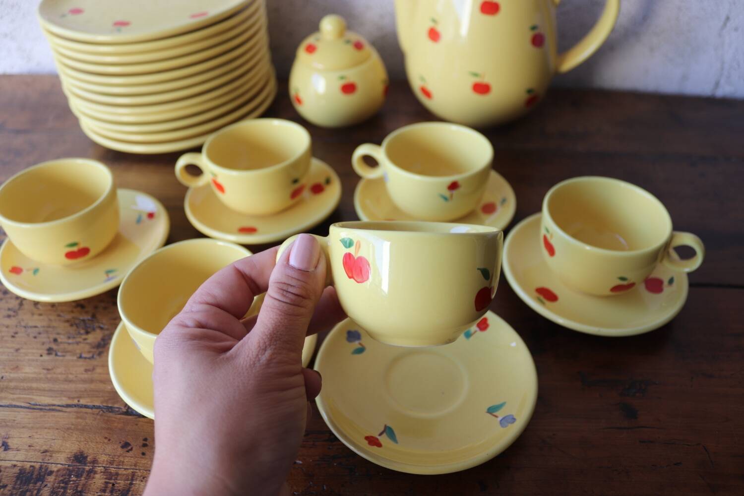 Hand-painted earthenware tea set – red apple motif