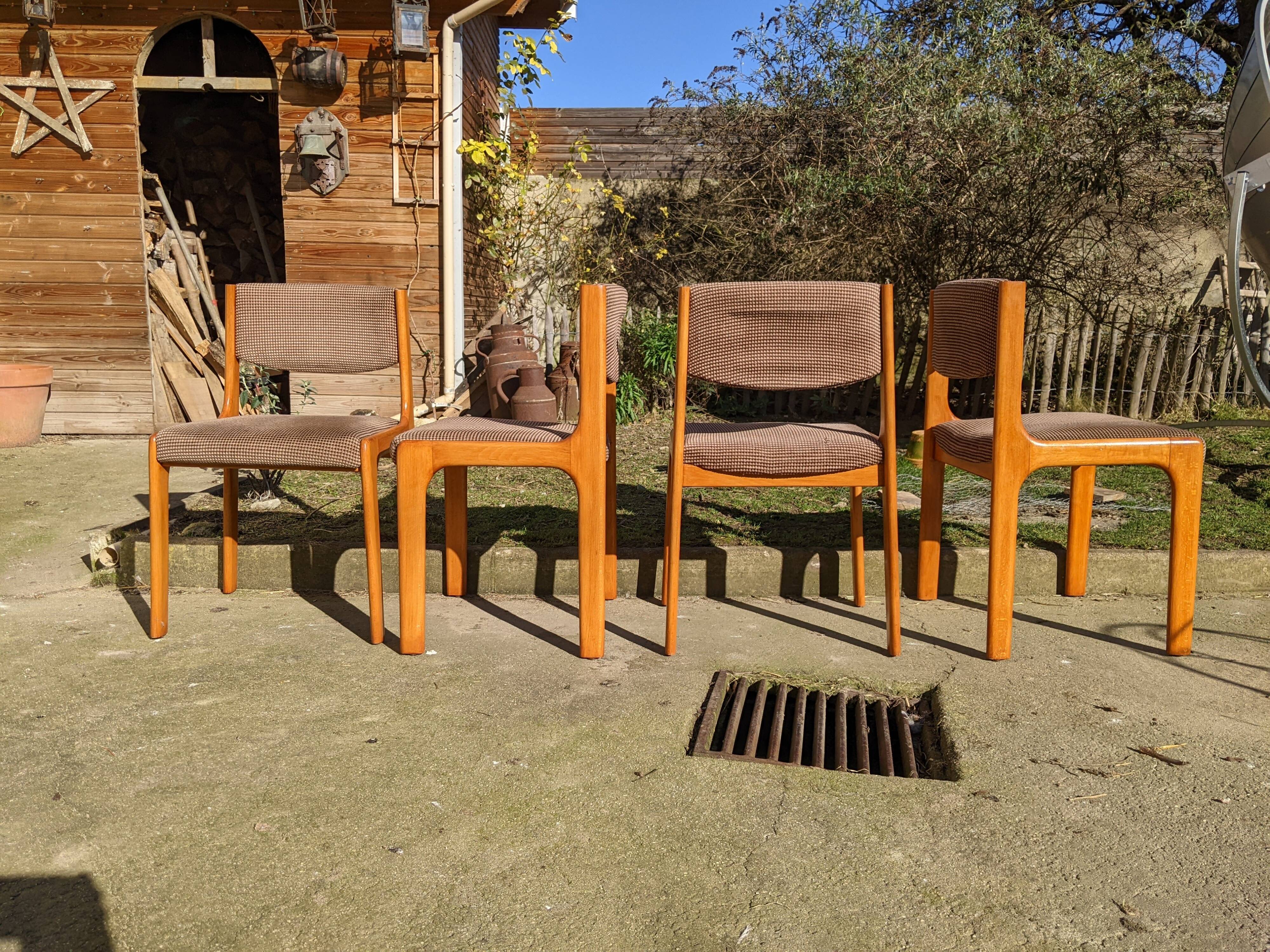 Series of 4 Scandinavian beech chairs with velvet seats