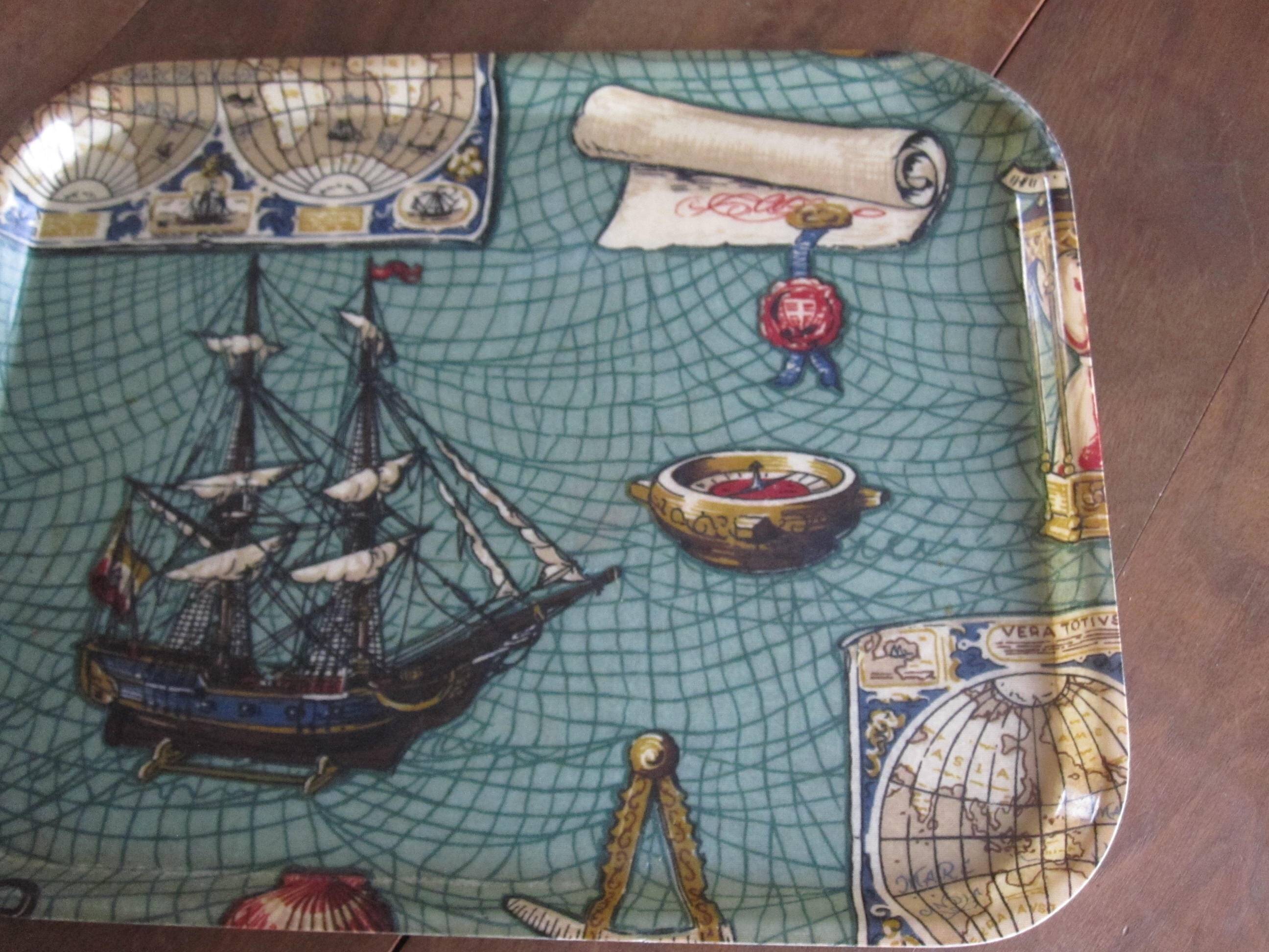 Old serving tray, boat at sea, 1960