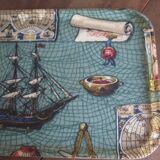 Old serving tray, boat at sea, 1960