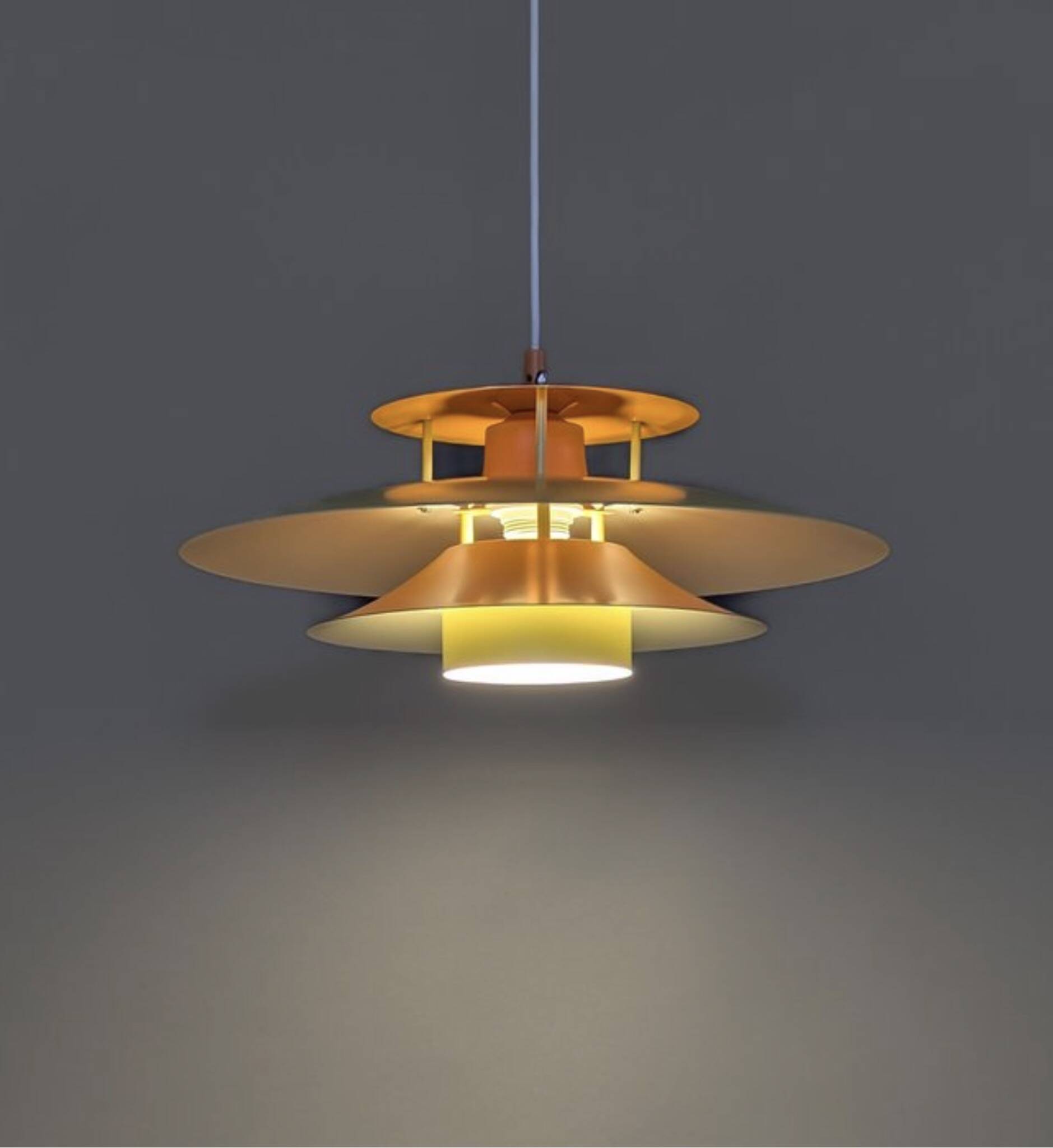 Vintage Danish metal pendant light in orange and yellow – 1970s