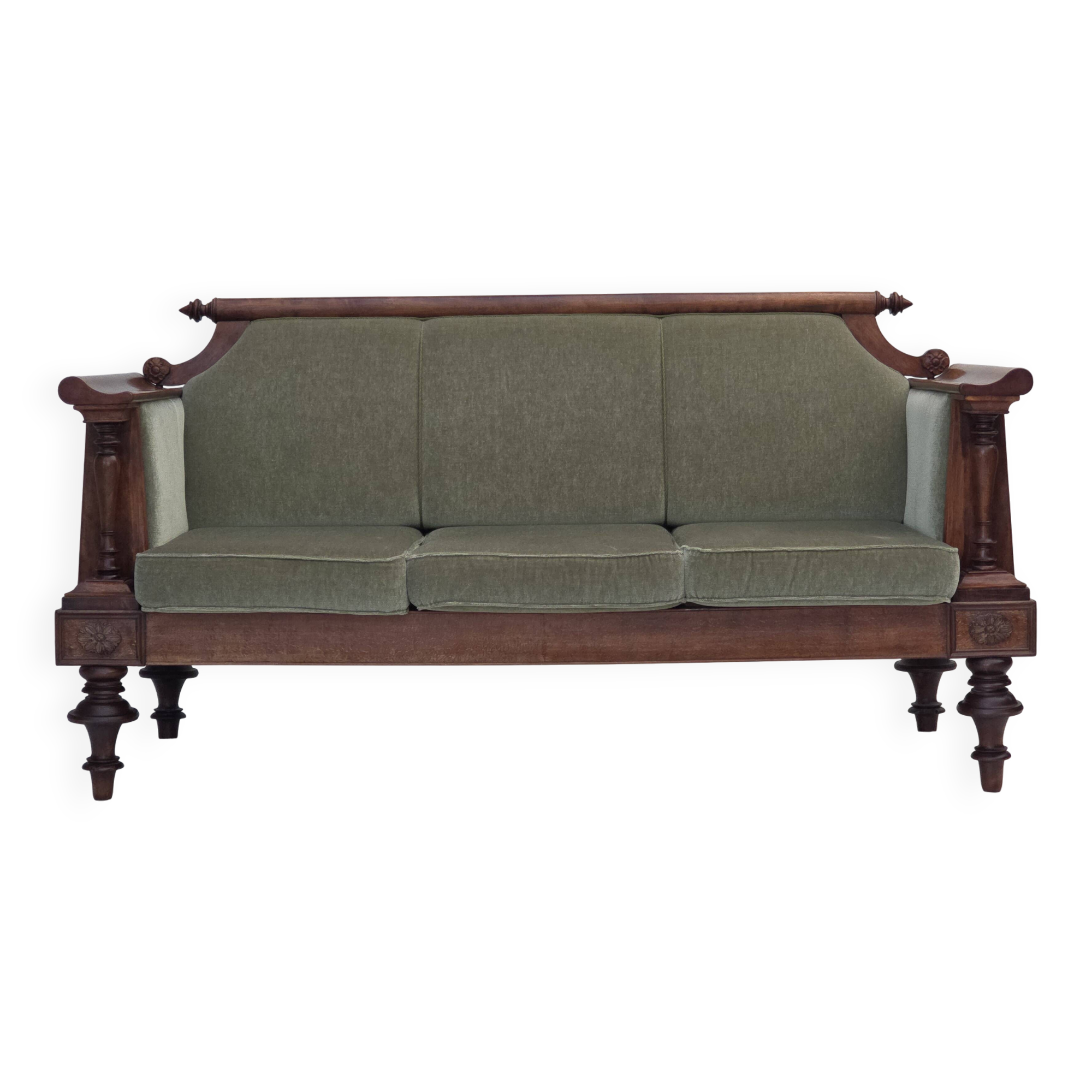 1930s, Danish 3 seater antique sofa, furniture velour, ash wood.