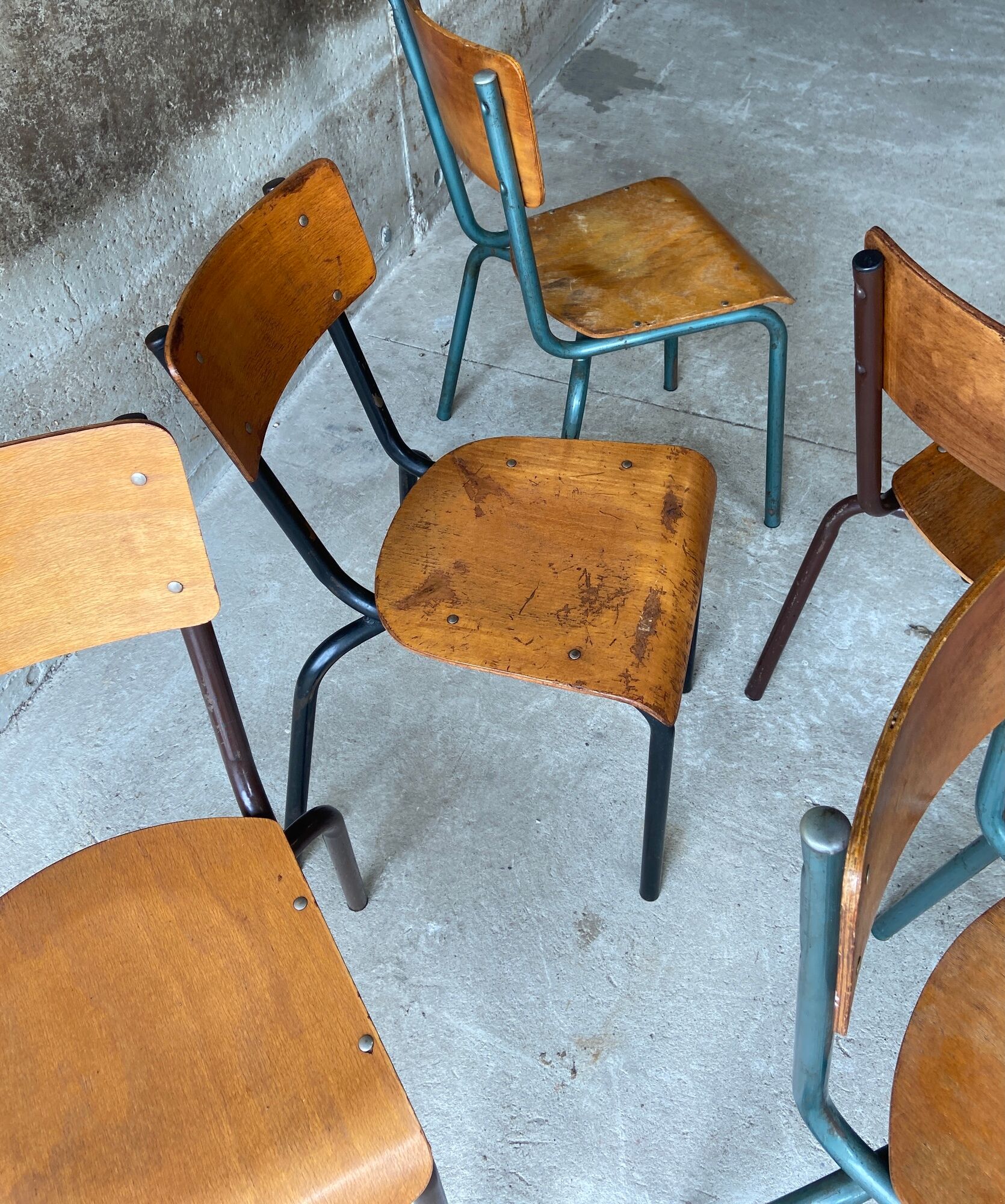 Set of 10 vintage mismatched industrial chairs mullca