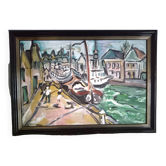Huile abstraite sur toile - Paysage d'un port, signé, encadré