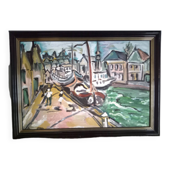 Abstract oil on canvas - Landscape of a port, signed, framed