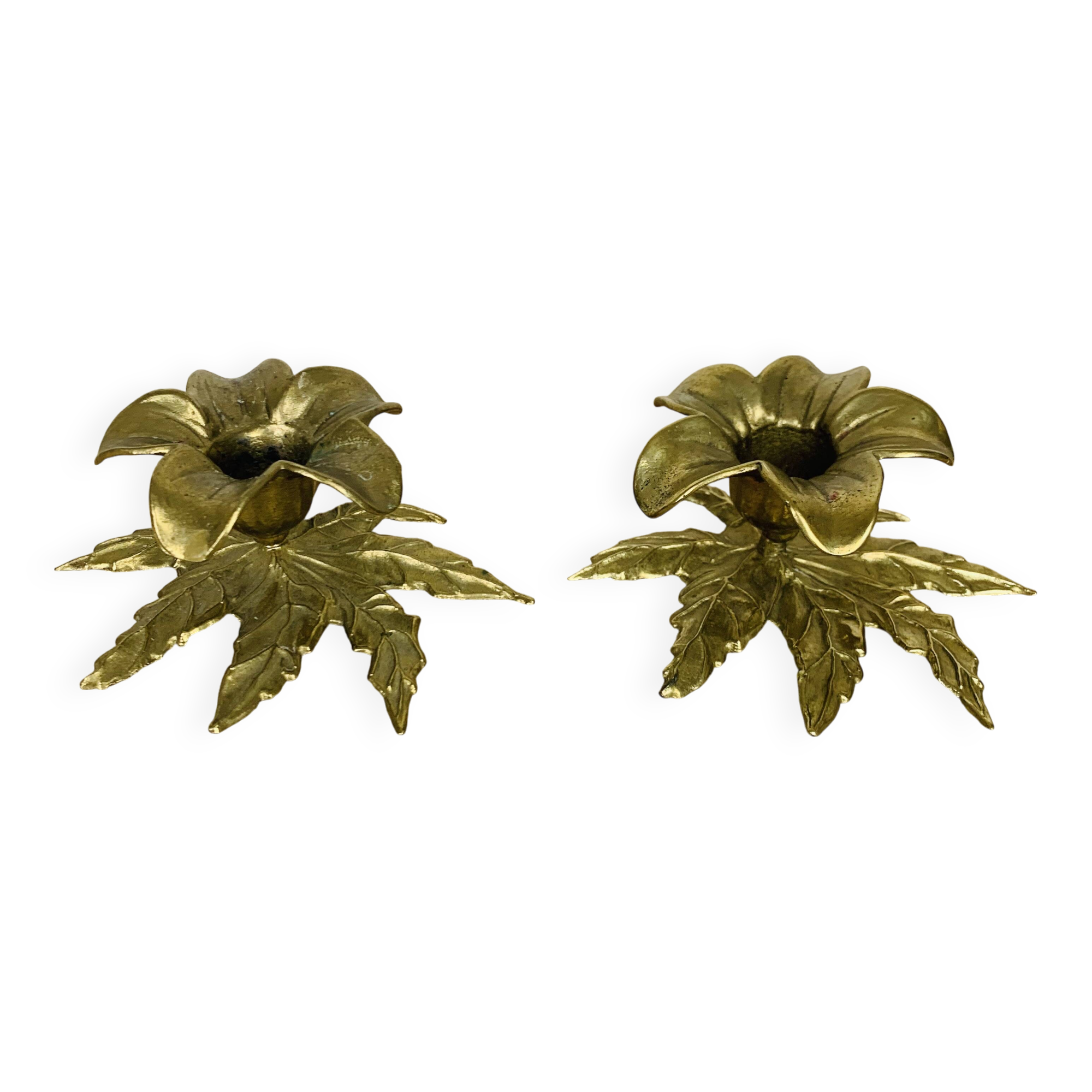 Pair of gilded brass flower candlesticks