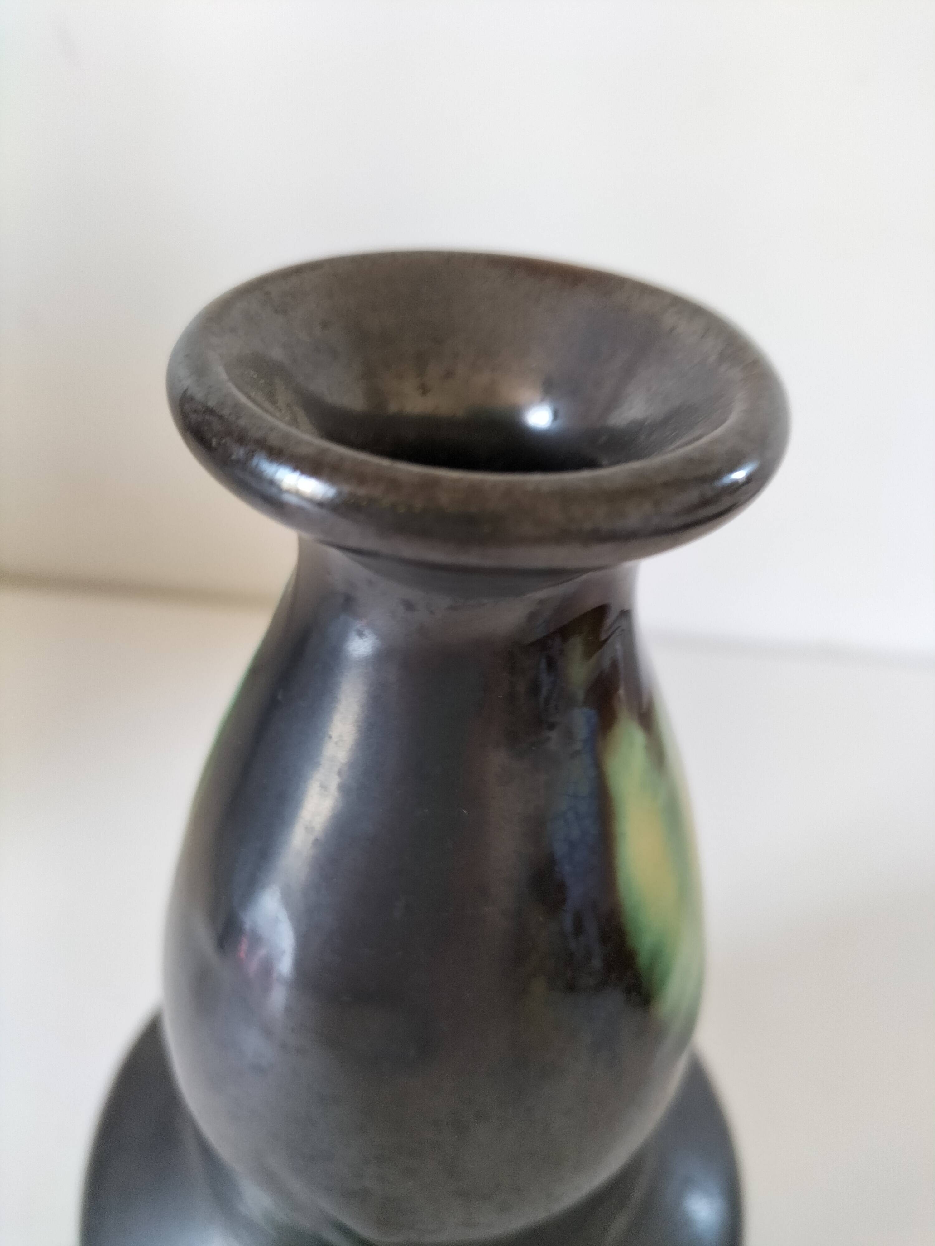 Thulin vase Belgium flamed green black enamel