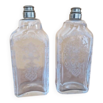 Pair of old engraved and frosted glass bottle vases.