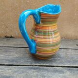 Striped ceramic pitcher, blue handle, Spanish craftsmanship, Ivanros