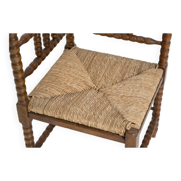 Chaise d'angle bobine artisanale provinciale antique du milieu du siècle, France, années 1940