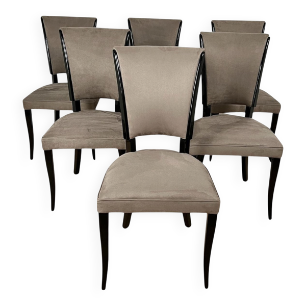 Chaises Art Déco en laque noire et alcantara grise, France, années 1930, ensemble de 6.