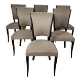 Art Deco Chairs in Black Lacquer & Grey Alcantara, France, 1930s, Set of 6
