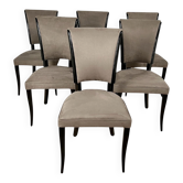 Art Deco Chairs in Black Lacquer & Grey Alcantara, France, 1930s, Set of 6