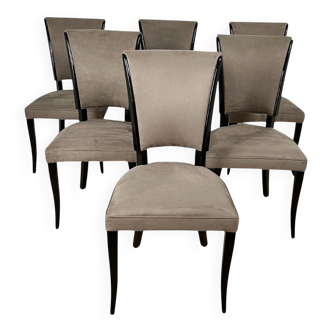 Art Deco Chairs in Black Lacquer & Grey Alcantara, France, 1930s, Set of 6