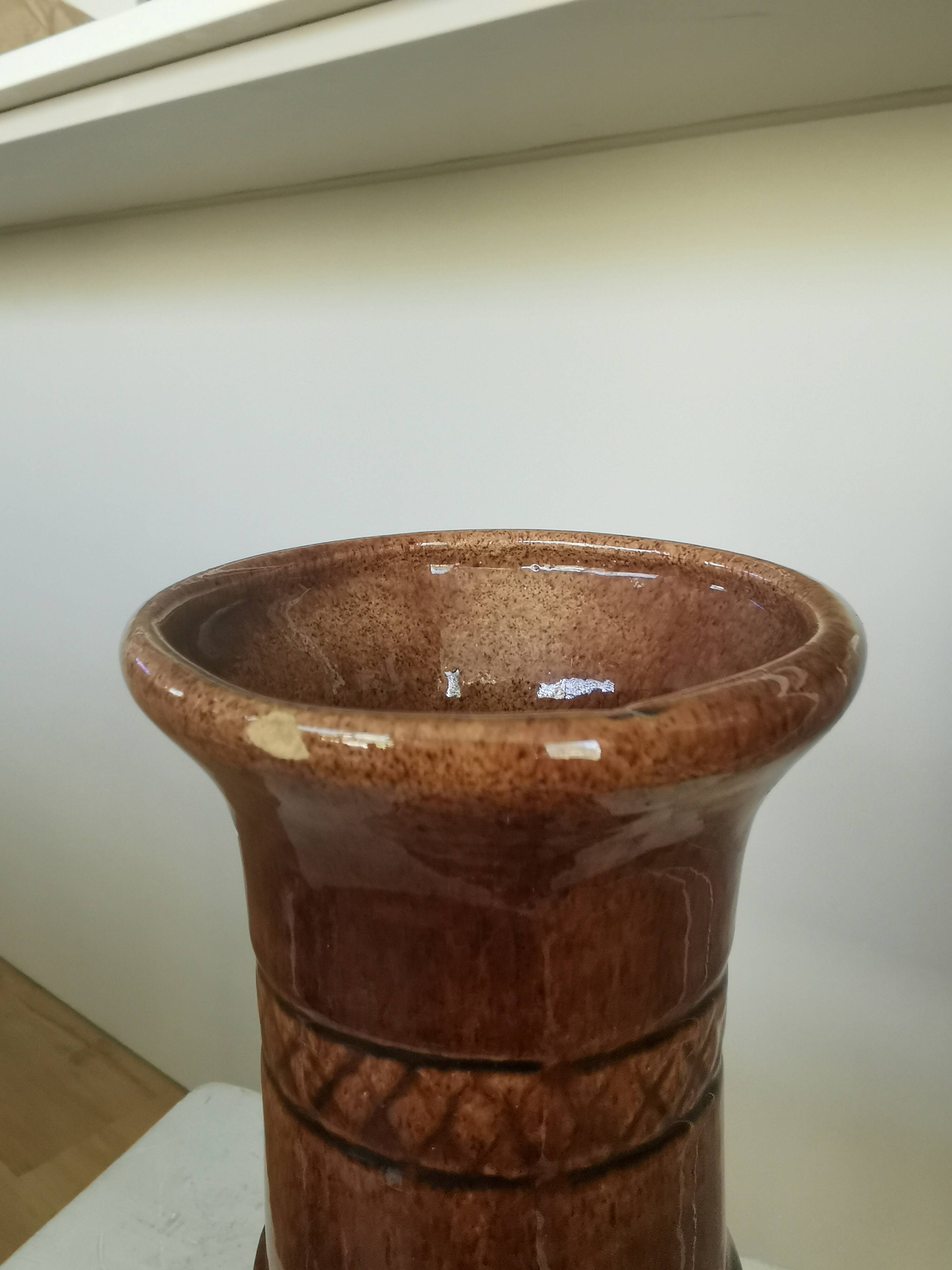 Vintage Amphora Vase: Large Brown Glazed Pottery with Grape Motif