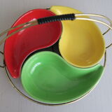 3 raviers céramique vintage assortis 1950-60 dans panier laiton poignée scoubidou