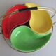 3 matching vintage ceramic dishes from the 1950s-60s in a brass basket with a scoubidou handle