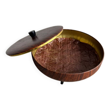 Vintage 1960s Mid-Century Brown Teak-Effect Metal Lidded Box with Gold-Tone Lining