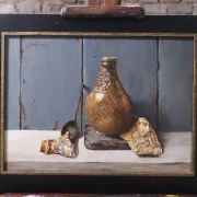 Still life with Bellarmine jug and pewter spoon – Marjolein van den Berg