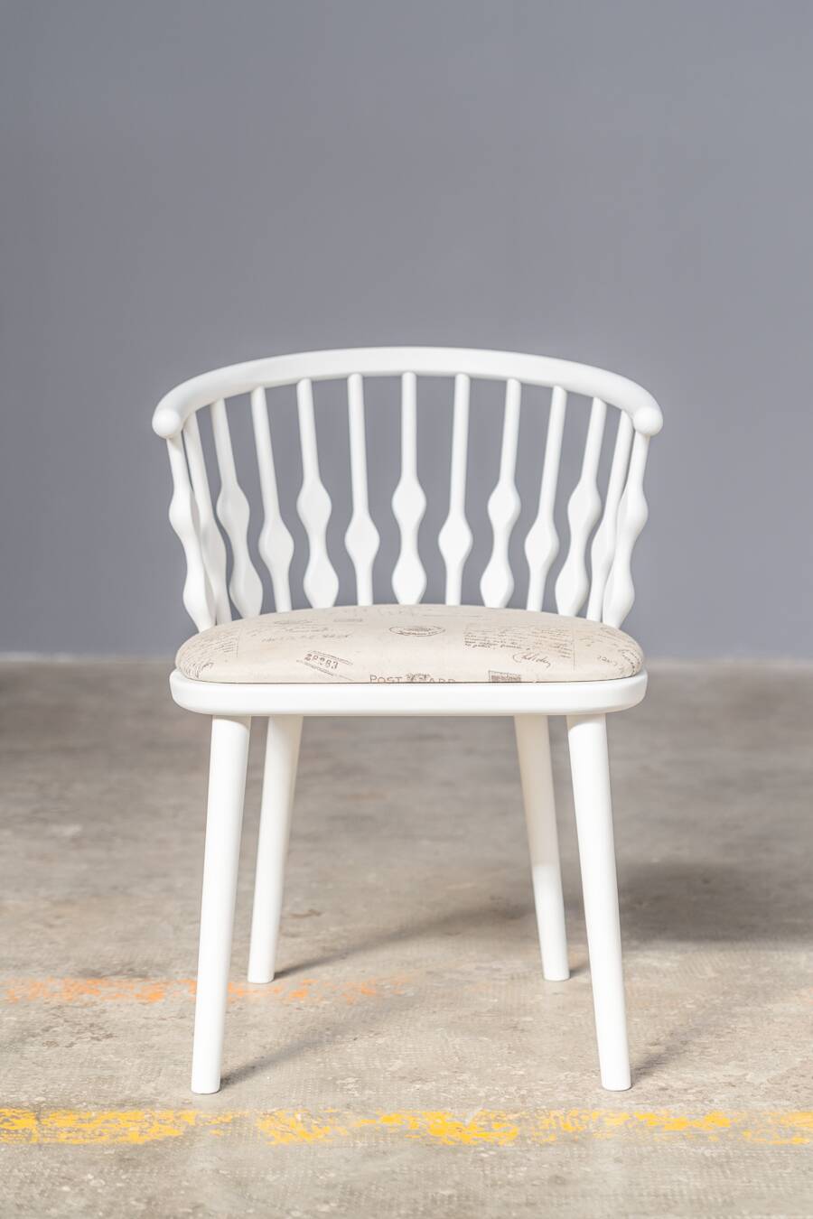 Matte white painted beech chair with upholstered seat in fabric 1970