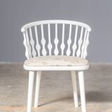 Matte white painted beech chair with upholstered seat in fabric 1970