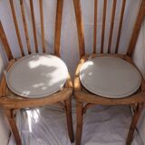 Duo of bistro chairs in bare wood, fully sanded and curved wooden backrest
