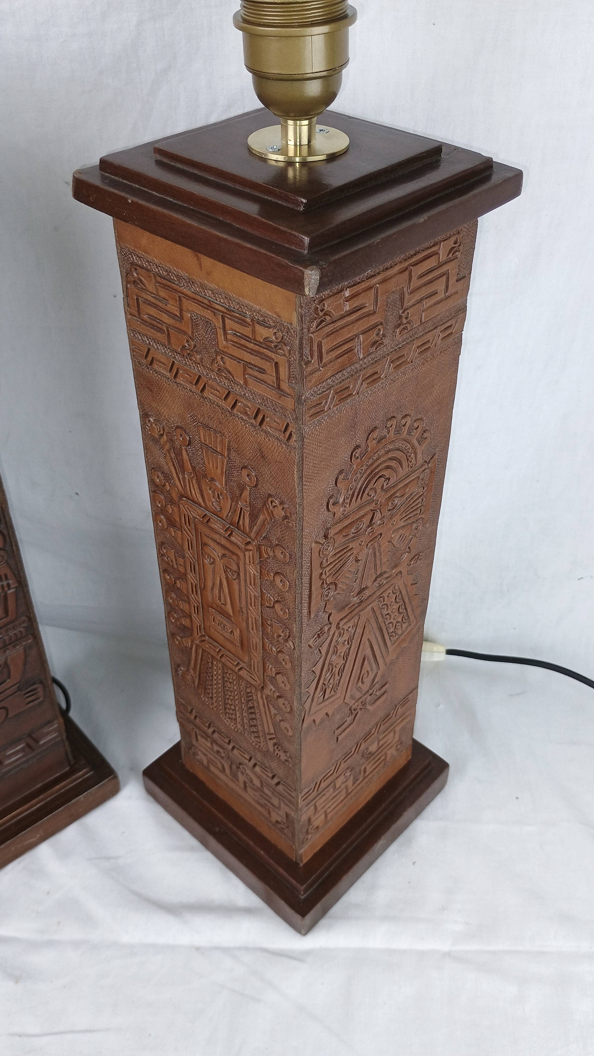 Pair of Kaiser Leuchten Totem Lamps in Vintage Aztec Inca or Mayan Leather