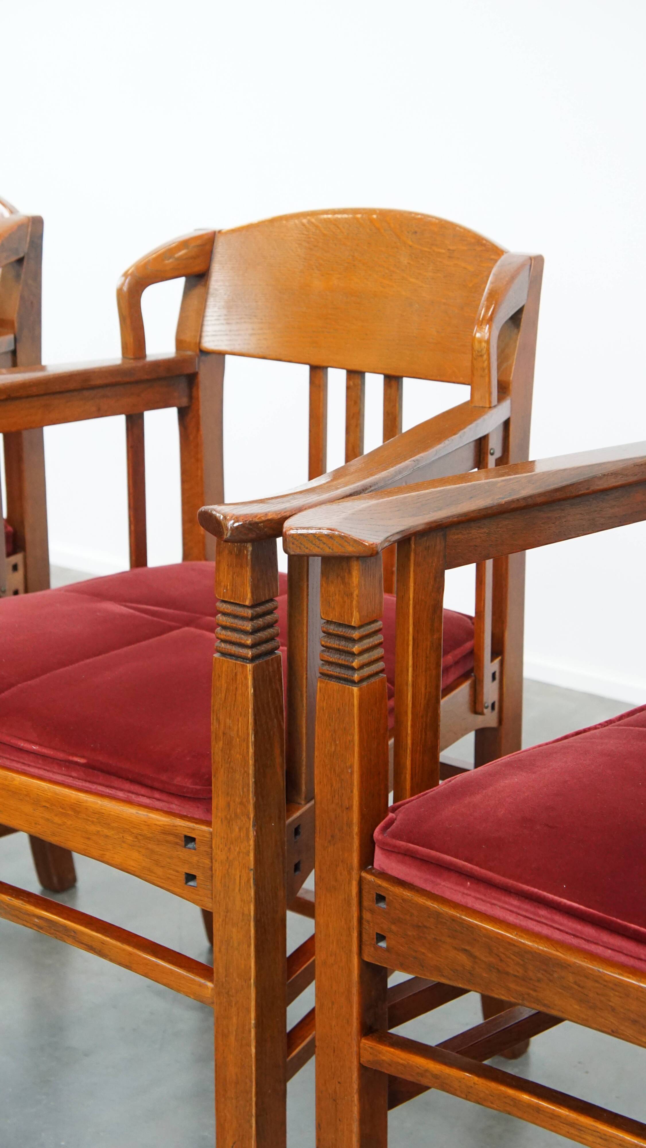 Ensemble de 4 chaises de salle à manger Art Nouveau / Jugendstil avec revêtement rouge