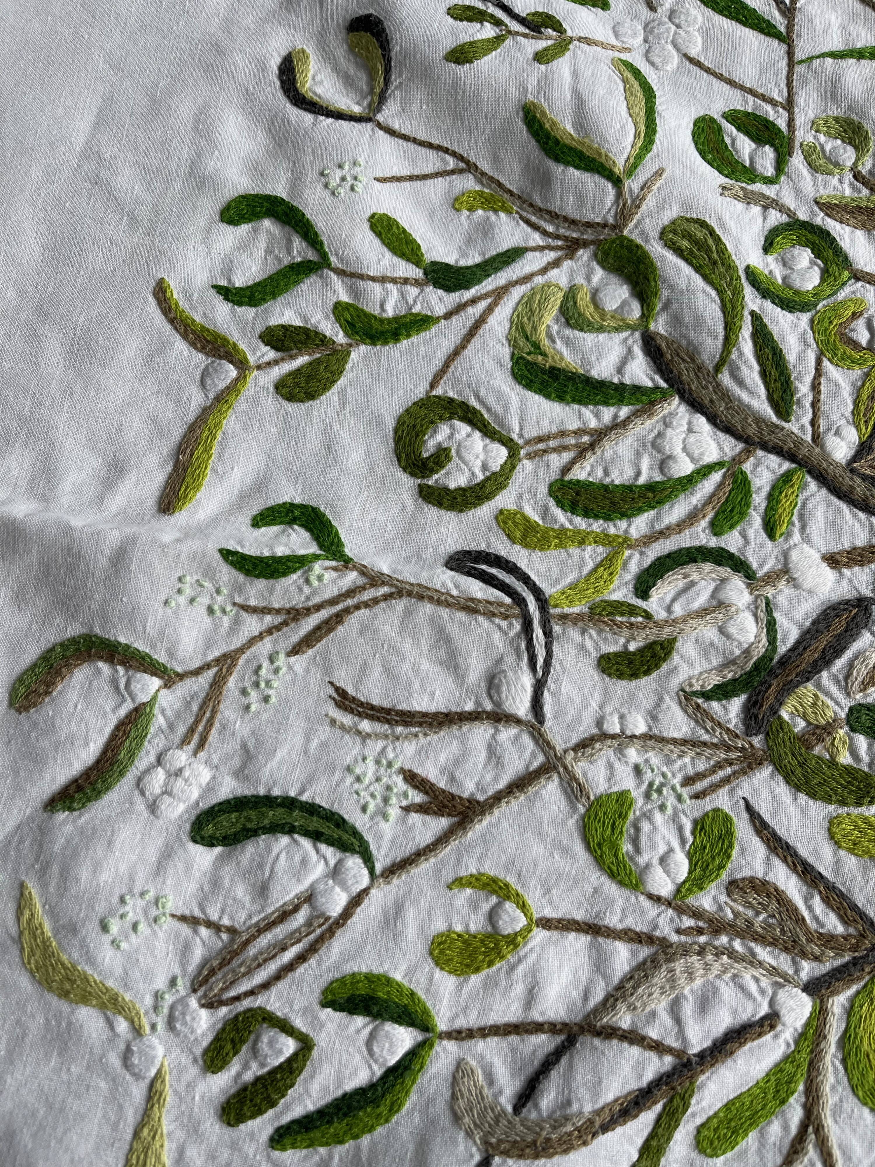 Hand-embroidered tablecloth on rectangular thread canvas