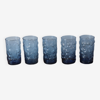 5 verres bleu décors fruits vintage