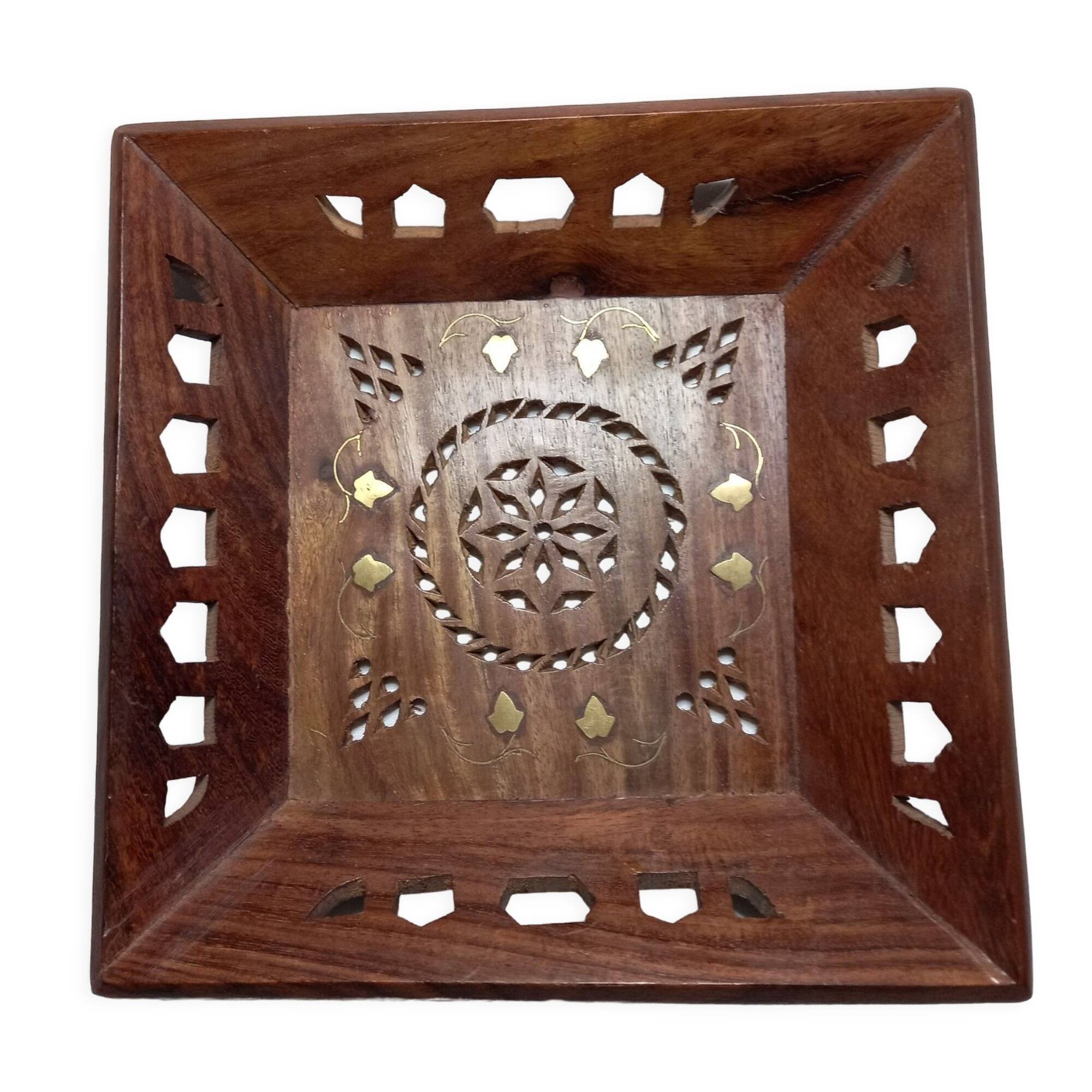 Moroccan empty pocket, inlaid wood and brass flowers