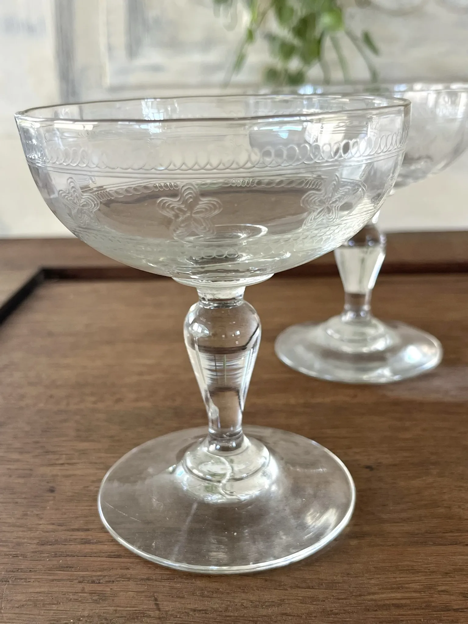 Champagne coupes etched set of 4